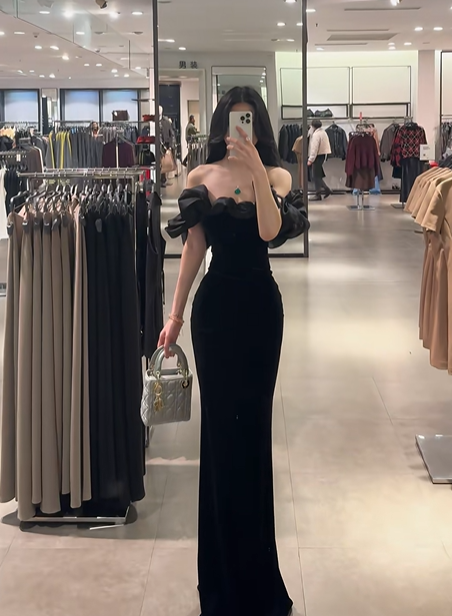 Black off-the-shoulder waist-cinching slim-fit bodycon sexy long prom dress R7914
