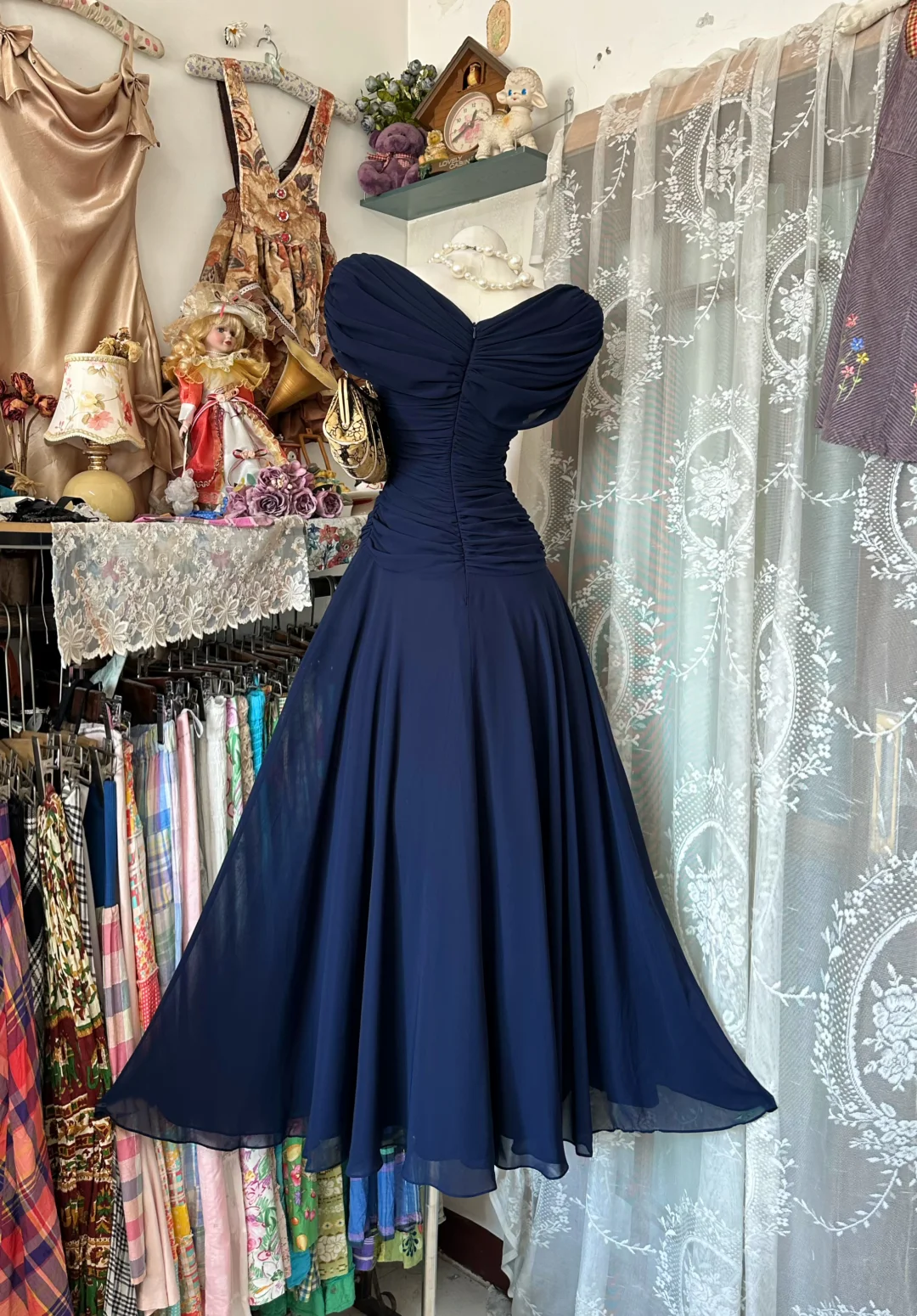 Navy Cowl Neck Waist Cinched Elegant Evening Party Gown gh7191