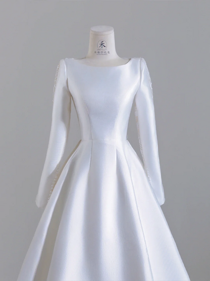 White satin fitted long ball gown, elegant wedding dress R8248