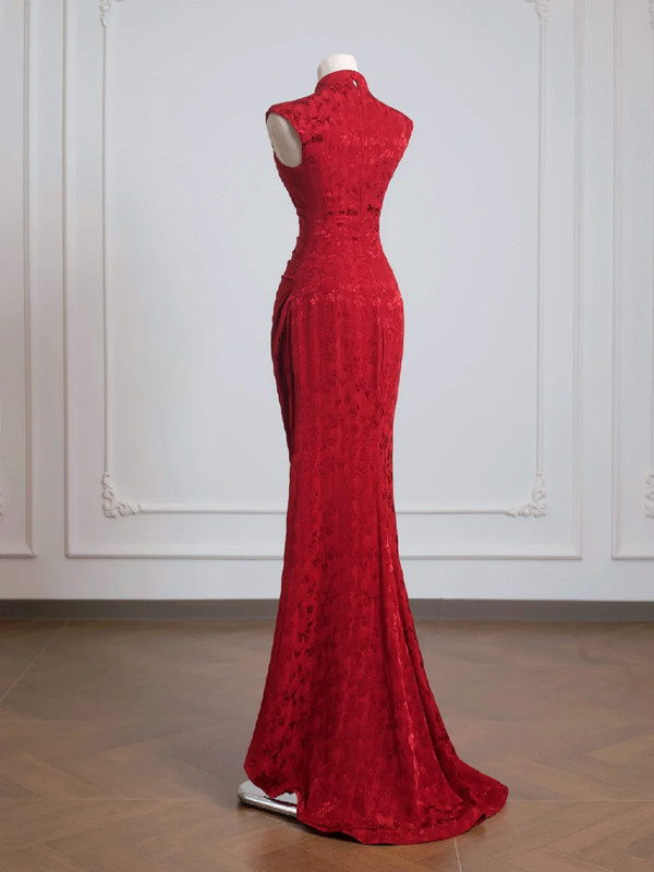 Red Chinese-style collared sleeveless fitted waist long ball gown R8228