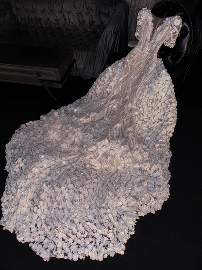 White lace floral sequined fitted long ball gown/bridal dress R8764