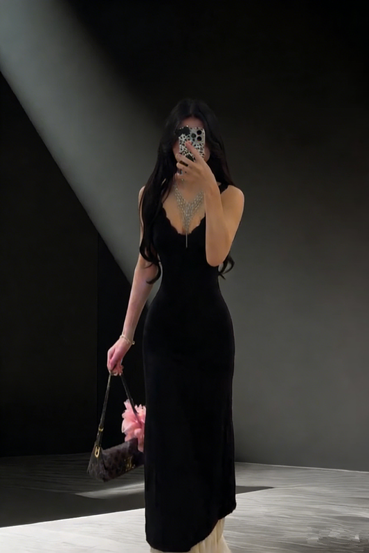 Black V-neck fitted long elegant ball gown R8033