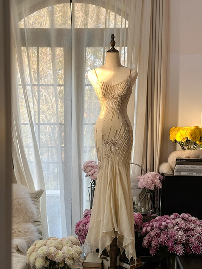 Light apricot halter-neck fitted waist bodycon long ball gown R7723