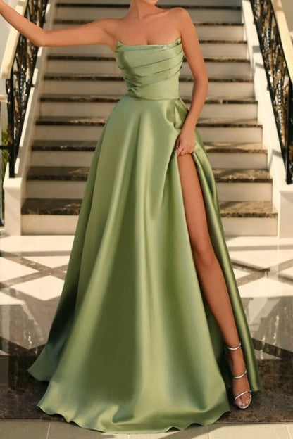 stunning sage green A-line off shoulder long satin slit Prom dress