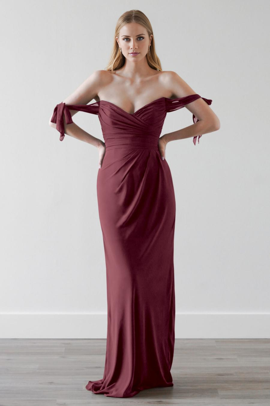 off shoulder collar strapless backless and floor length evening dress
