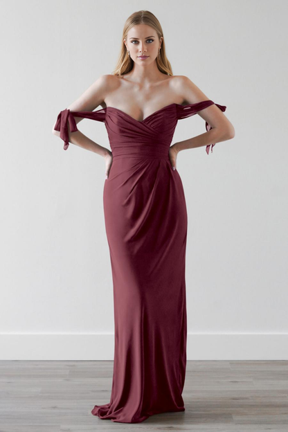 off shoulder collar strapless backless and floor length evening dress