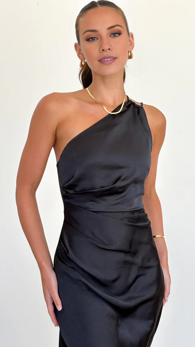 single shoulder neckline with backless side slit and floor length Prom dress