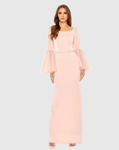 Ruffle sleeves square neck back slit floor length evening dress