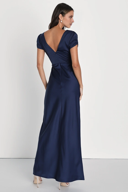 V-neck short sleeved backless side slit and floor length evening dress