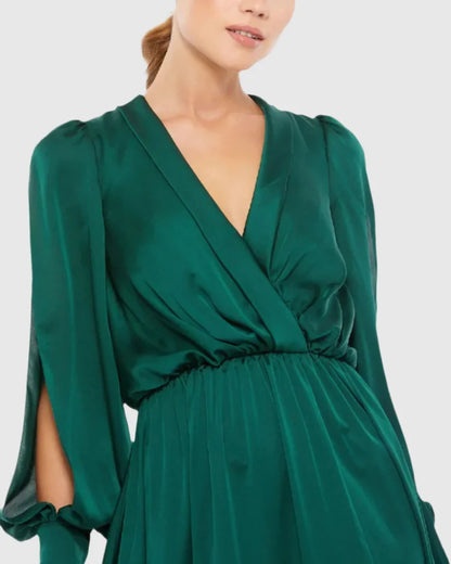 V-neck satin side slit floor-length evening dress