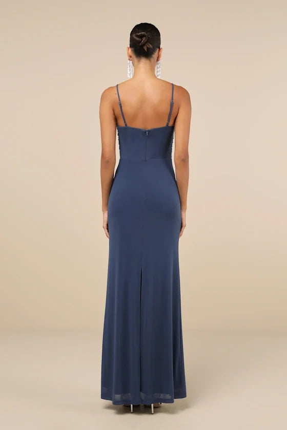 V collar off shoulder sleeveless thin shoulder strap backless and floor length evening dress