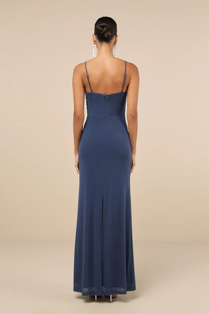 V collar off shoulder sleeveless thin shoulder strap backless and floor length evening dress