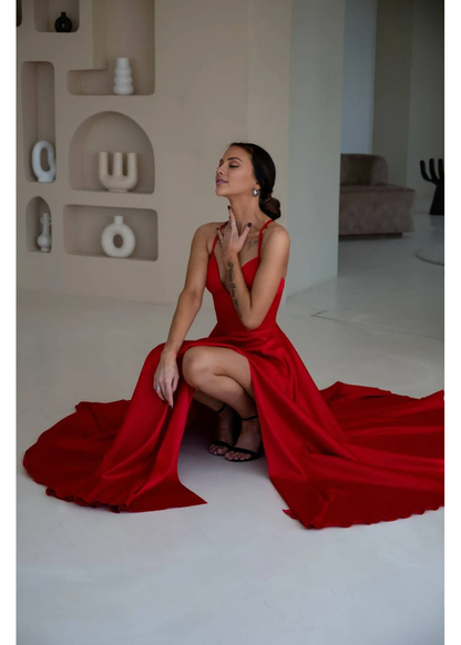 slim shoulder strap V-neck backless side slit and floor length evening dress