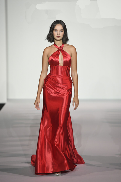 Hanging neck fit silk satin tight corset with rose decoration and floor length Prom dress