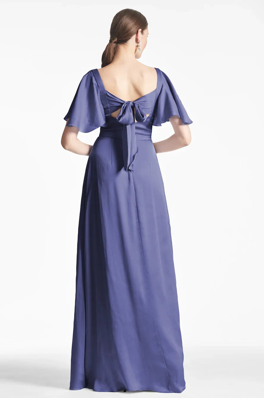 square neckline short sleeved back strap backless and floor length Prom dress