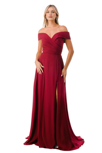 A-line slit skirt pleated long off shoulder dress