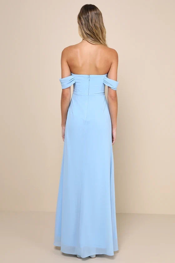 off shoulder collar sleeveless backless side slit and floor length Prom dress