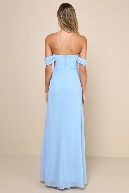 off shoulder collar sleeveless backless side slit and floor length Prom dress