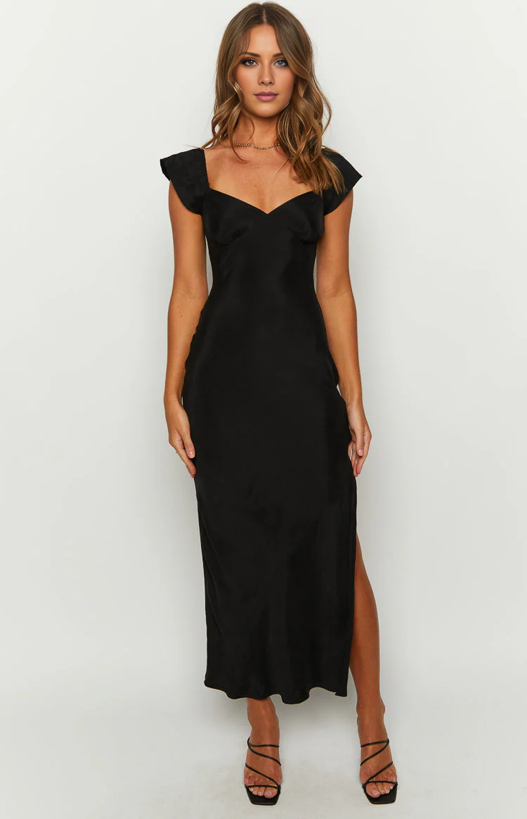 - Heart neckline short sleeved back tie with side slit long Prom dress