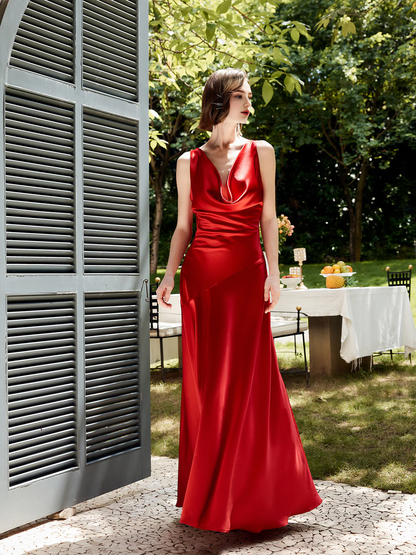 Pleated backless satin vest long gowns even dresses
