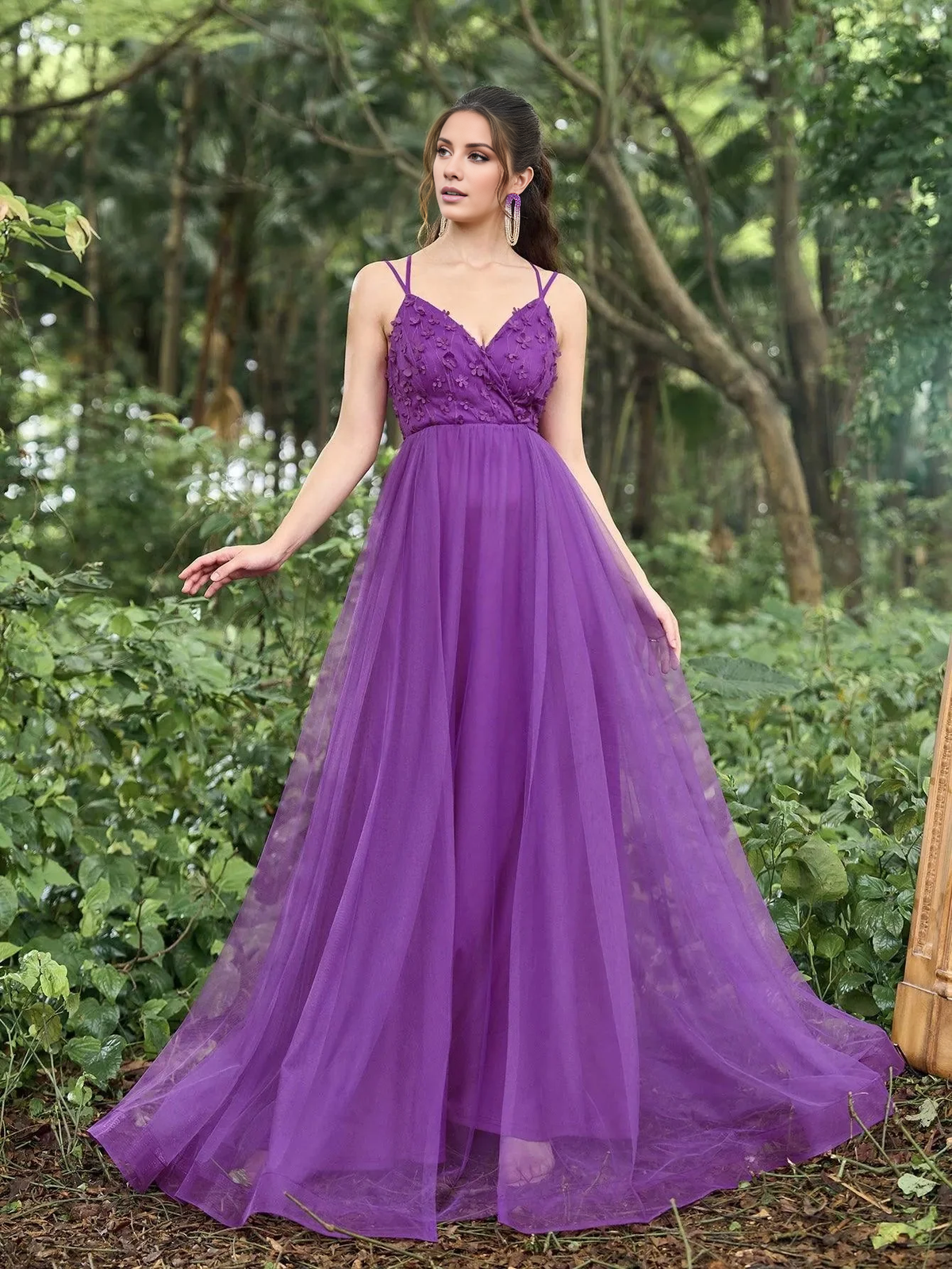 Backless floral decal details sheer thin shoulder straps and floor length formal dress