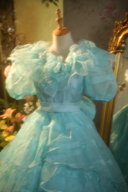 Light blue puff sleeves, fitted waist, full skirt, ball gown, bridal gown R7260