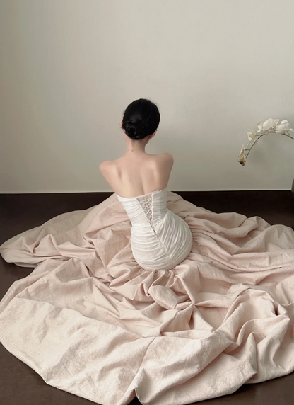 White strapless, waist-cinched, slim-fit top with a light pink long skirt, elegant prom dress R7954