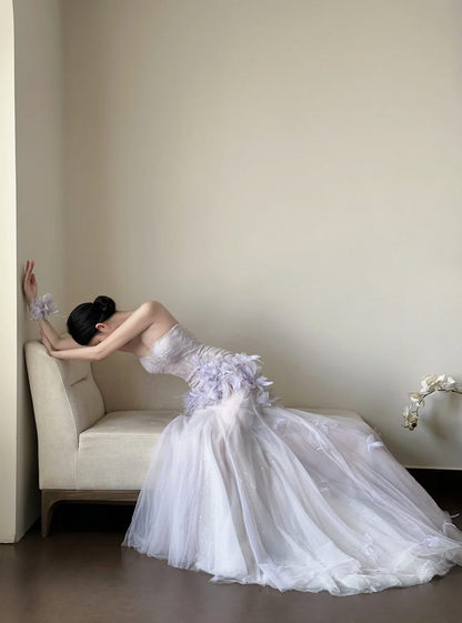 Light purple strapless, waist‑cinching, slim‑fit, bodycon sexy long ball gown, bridal dress R7993