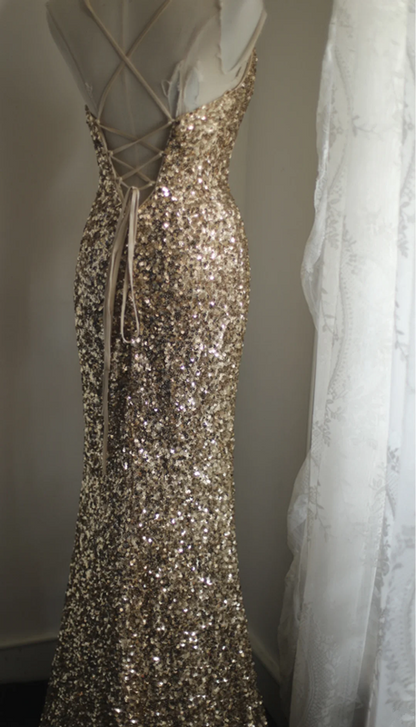 Gold sequined halter-neck fitted long ball gown R6807
