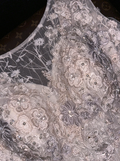 White tank top with beaded lace-up fitted long ball gown R6887
