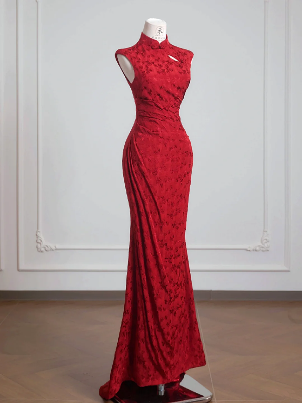 Red Chinese-style collared sleeveless fitted waist long ball gown R8228