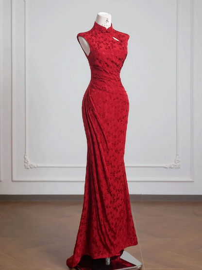 Red Chinese-style collared sleeveless fitted waist long ball gown R8228