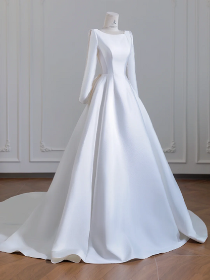 White satin fitted long ball gown, elegant wedding dress R8248