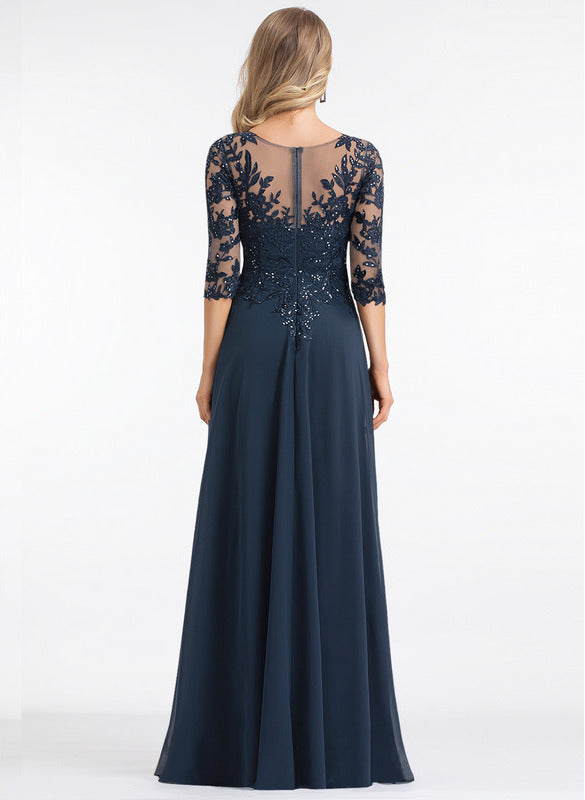 A-line V-neck floor mopping lace chiffon with sequins, mother of the bride dress