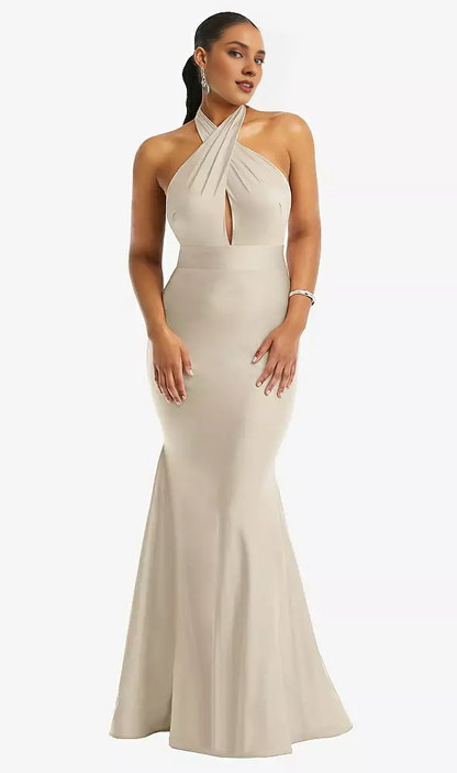 Cross cross hanging neck backless satin mermaid Prom dress