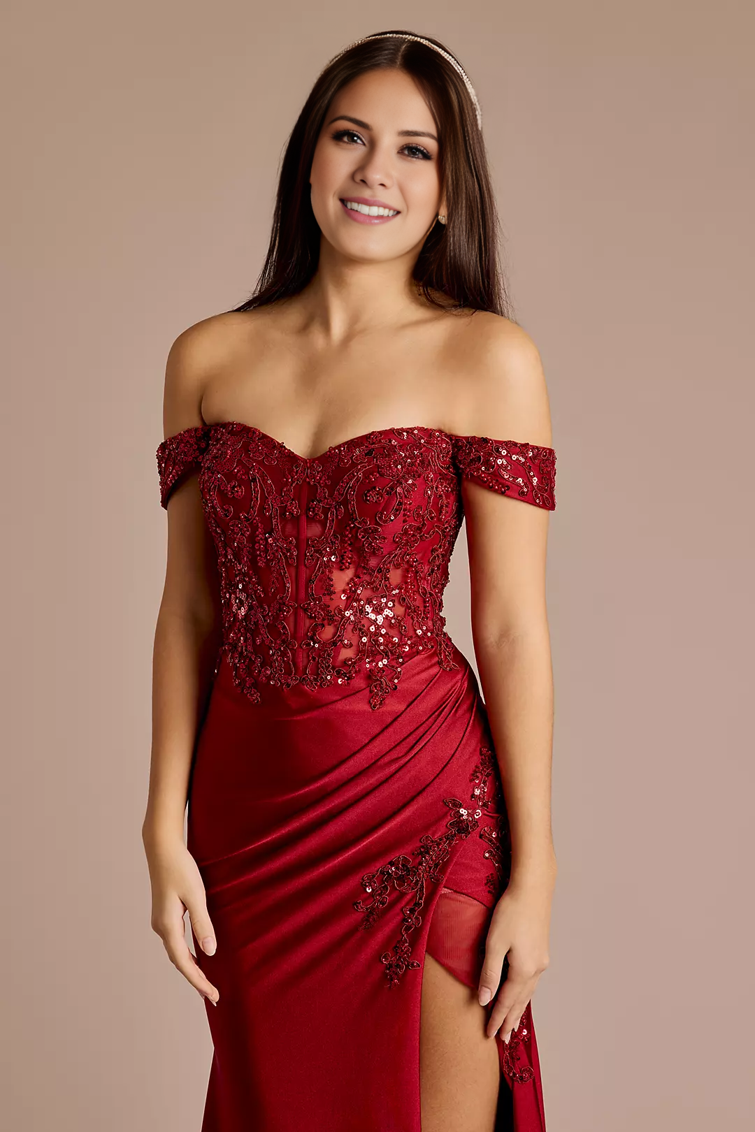 Sequin Applique Satin Off-Shoulder Sheath Dress