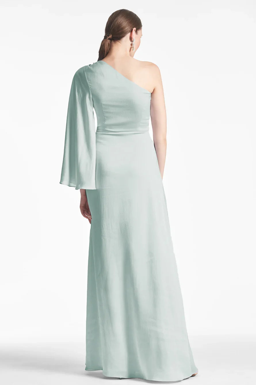 asymmetrical neckline off shoulder long sleeved backless and floor length Prom dress