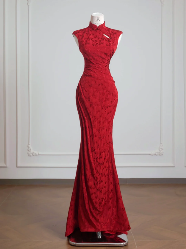 Red Chinese-style collared sleeveless fitted waist long ball gown R8228