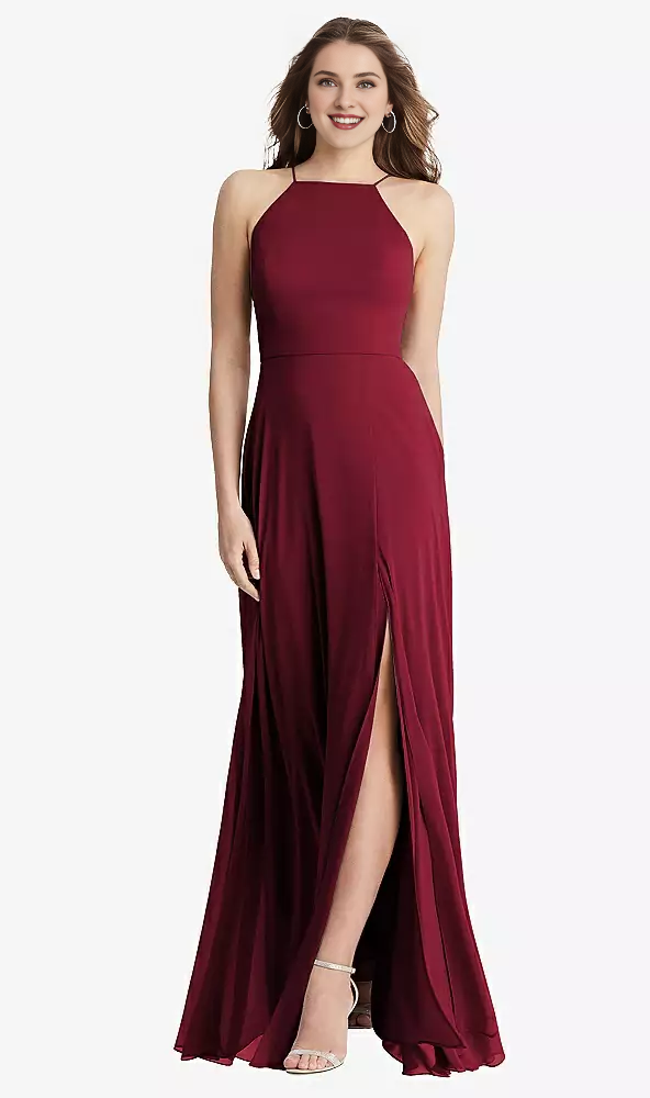 Front slit high neck chiffon long Prom dress