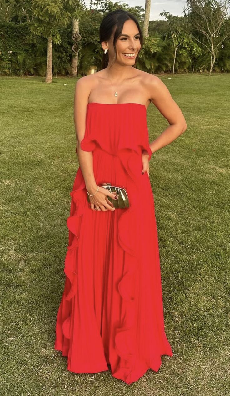 Charming Red Strapless Satin Ruffles Layered Long Party Dress Wedding Guest Dress SP907