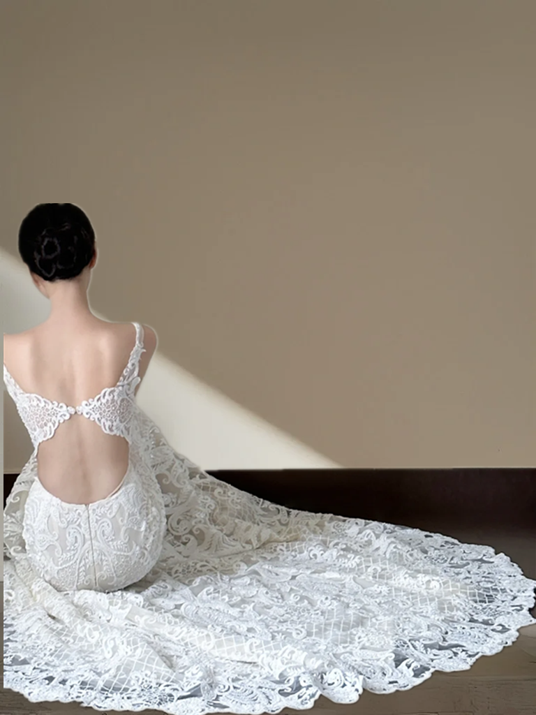 White halter-neck lace fitted waist sexy long ball gown/wedding dress R8020