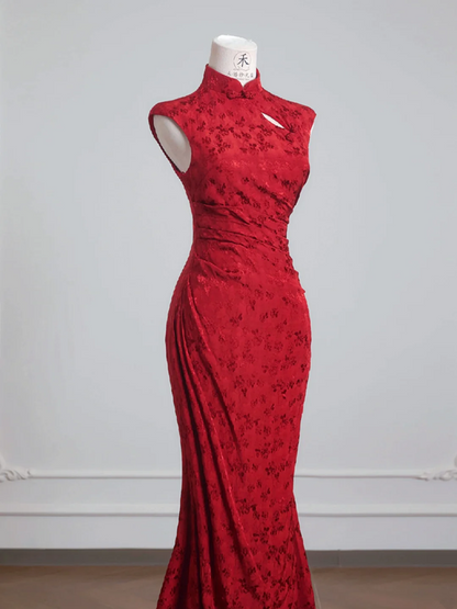 Red Chinese-style collared sleeveless fitted waist long ball gown R8228