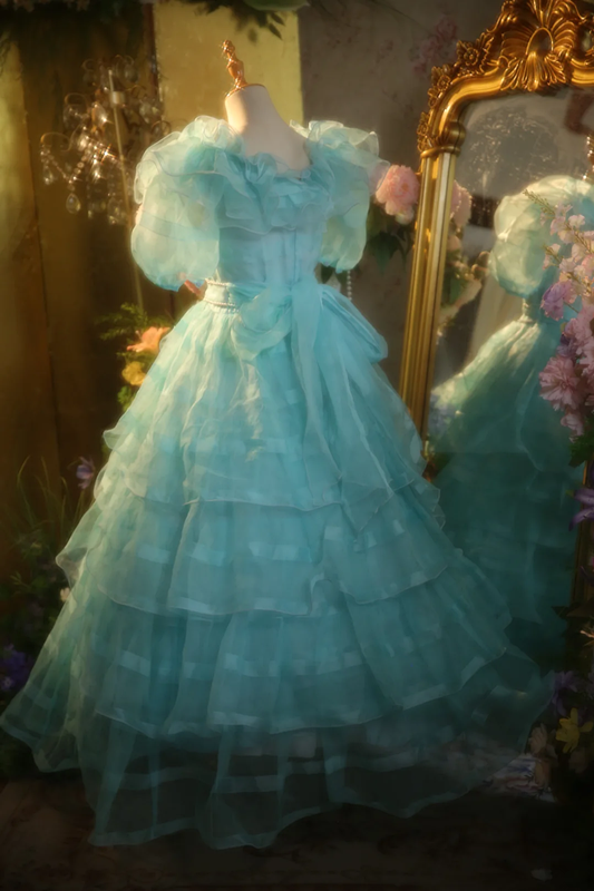 Light blue puff sleeves, fitted waist, full skirt, ball gown, bridal gown R7260
