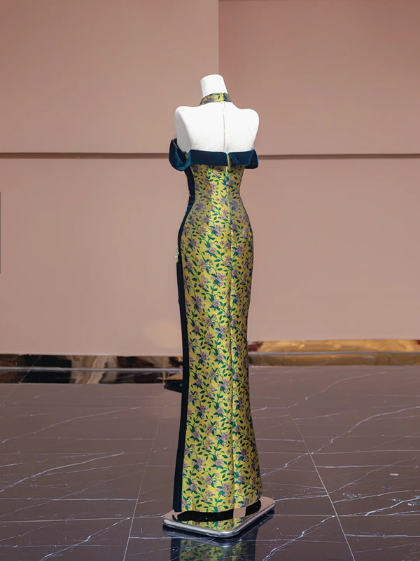 Yellow-based, green floral print, off-the-shoulder, fitted, long ball gown R8336