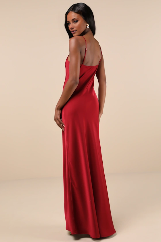 hanging neckline sleeveless thin shoulder strap backless side slit and floor length evening dress