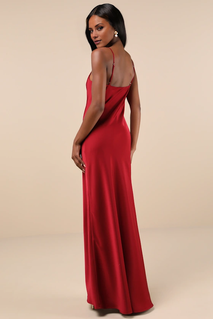 hanging neckline sleeveless thin shoulder strap backless side slit and floor length evening dress