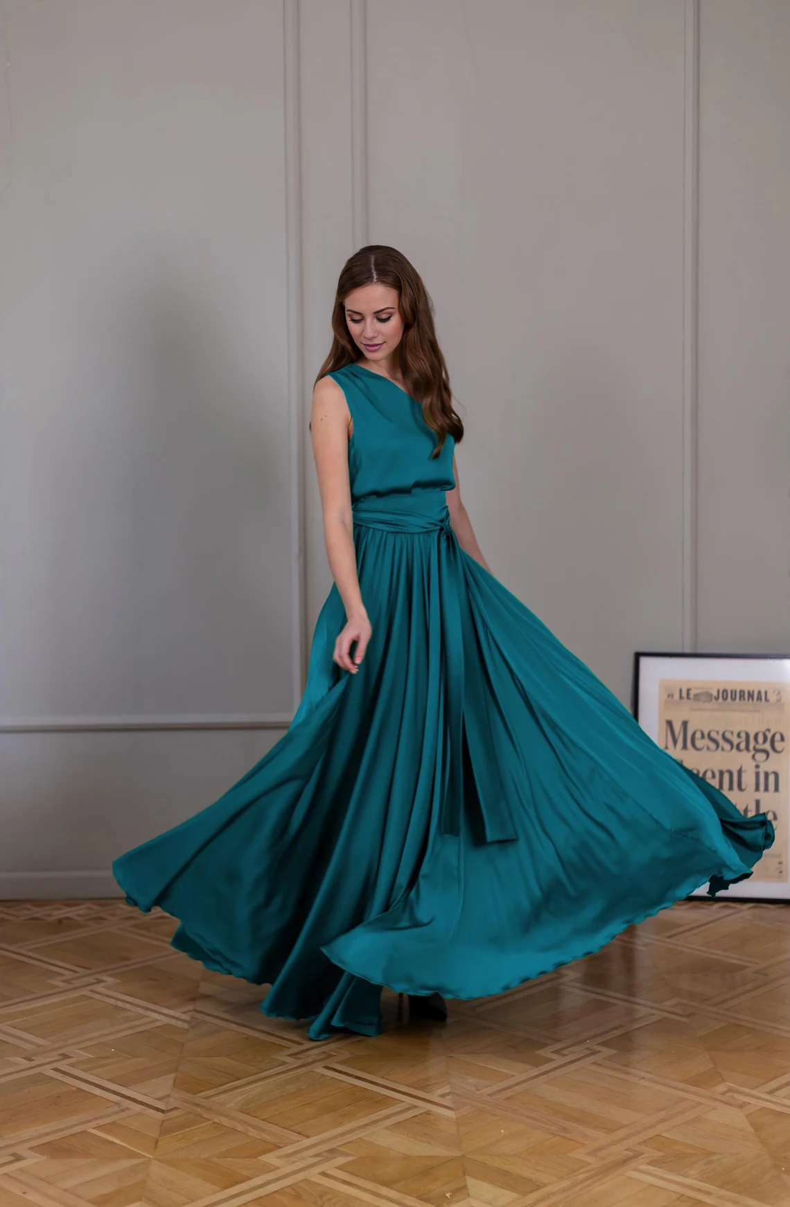 - Asymmetric collar backless satin and floor length Prom dress