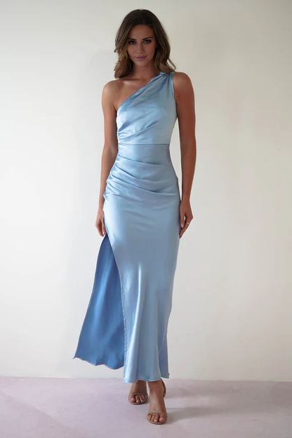 Asymmetric collar satin side slit long Prom dress - Dress