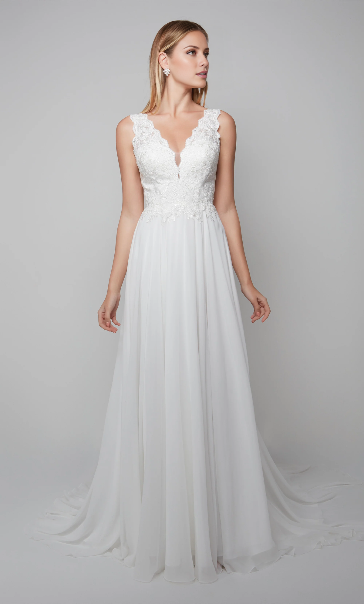 Chiffon deep V-neck A-line floral lace tight corset and floor length wedding dresses