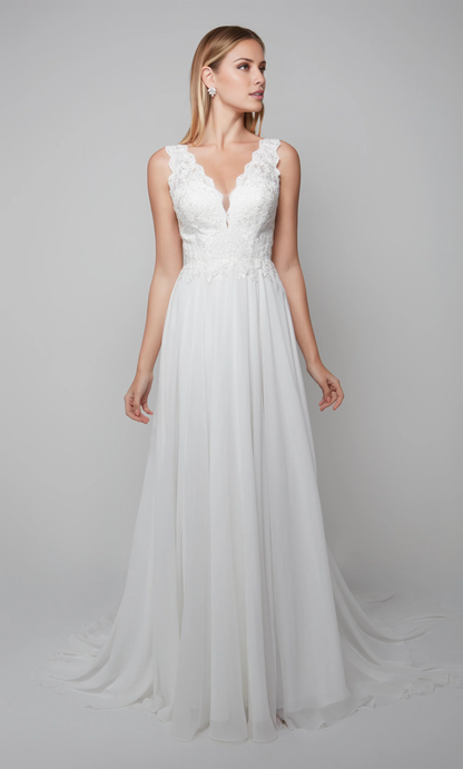 Chiffon deep V-neck A-line floral lace tight corset and floor length wedding dresses
